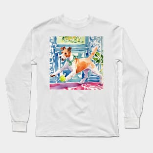 Fox terrier chasing tennis ball watercolor painthing Long Sleeve T-Shirt